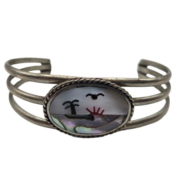 Vintage Abalone Shell Beach Scene Bracelet Palm tree Ocean Seagull Bird - Picture 1 of 12